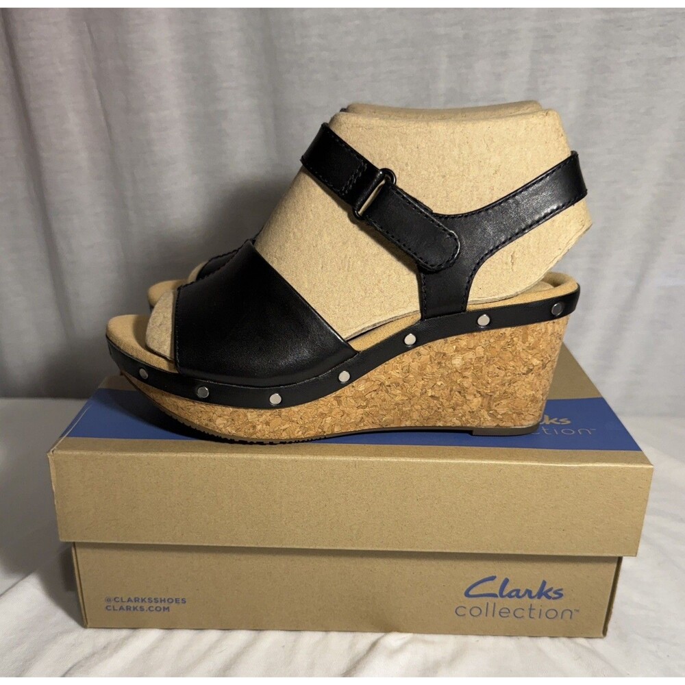 NEW NIB CLARKS Annadel Clover Wedge Sandal Size 7 WIDE Black Leather Shoes Women